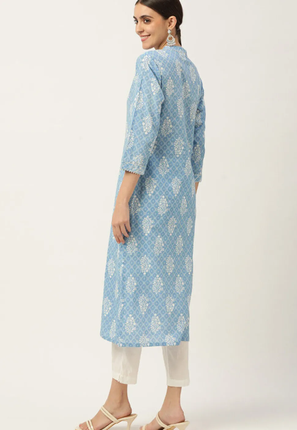 Floral Printed Cotton Straight Cut Kurta in Light Blue