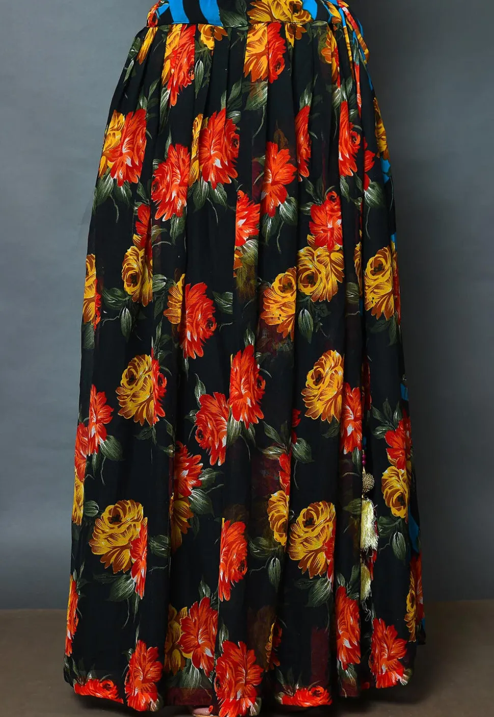 Floral Printed Georgette A Line Skirt in Black