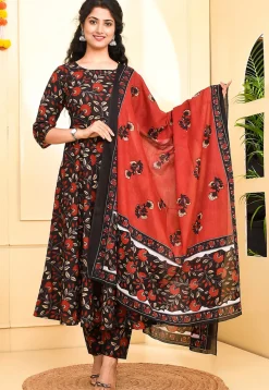 Floral Printed Pure Cotton Anarkali Suit in Black