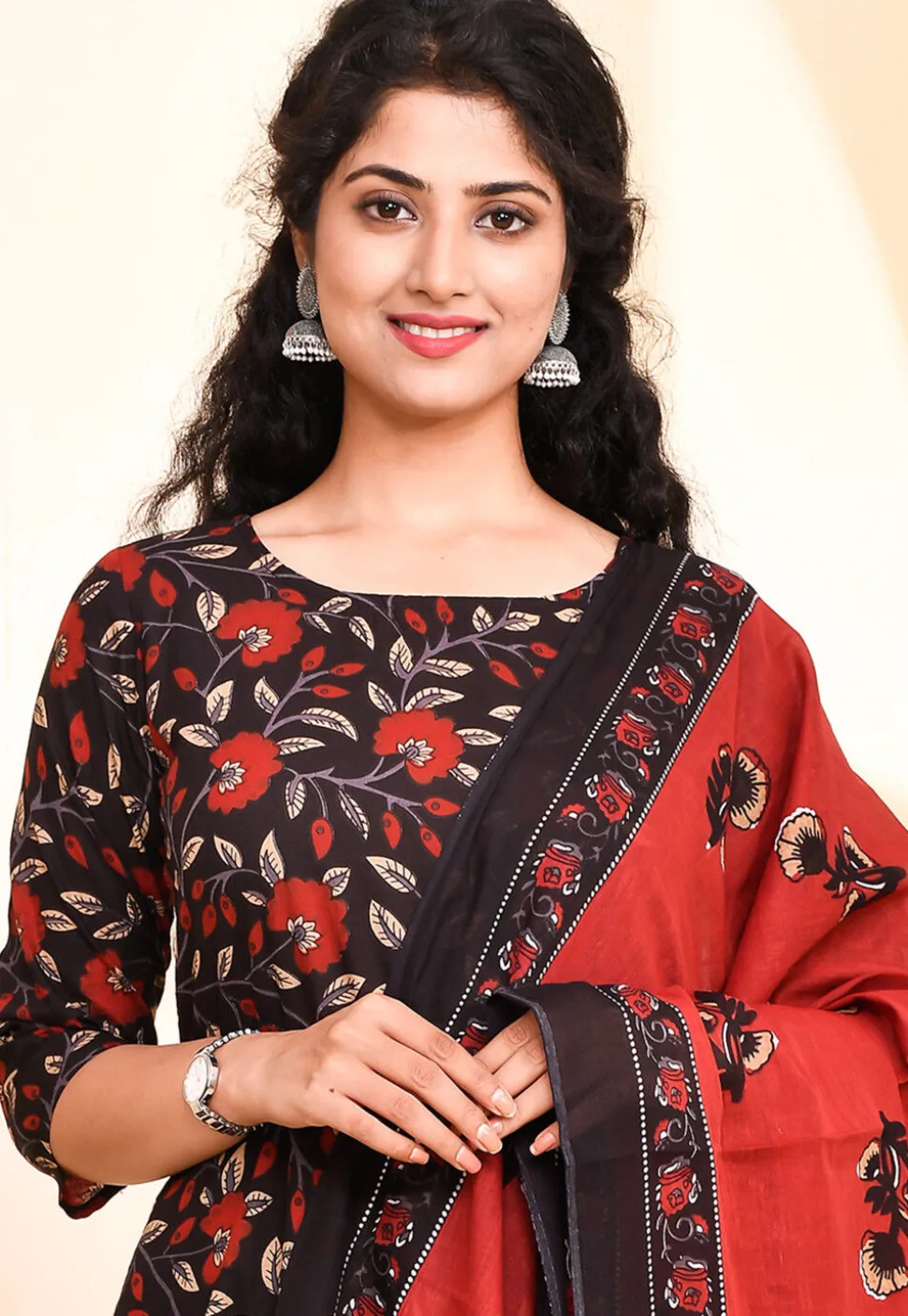 Floral Printed Pure Cotton Anarkali Suit in Black