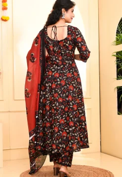Floral Printed Pure Cotton Anarkali Suit in Black