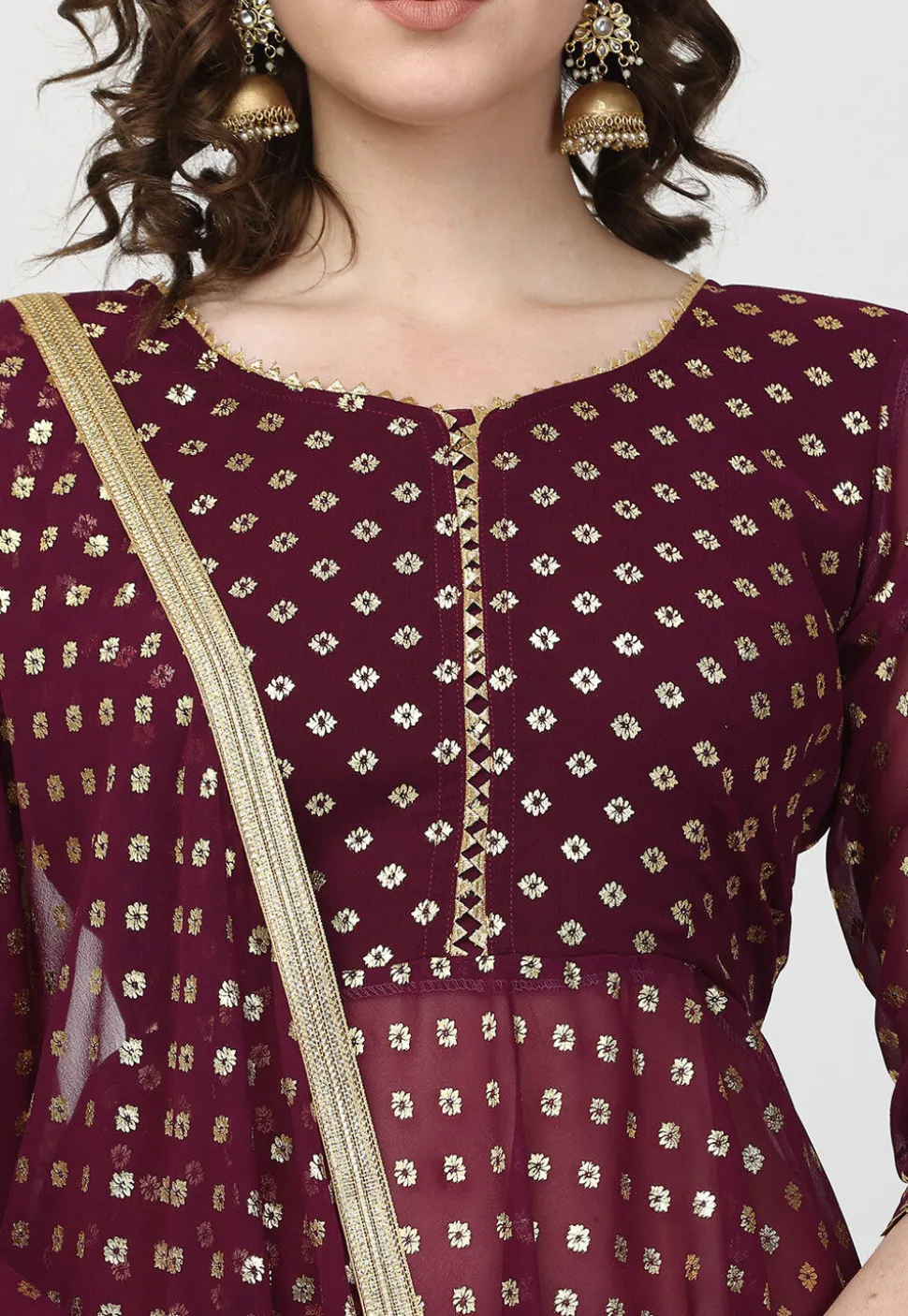 Foil Print Georgette Pakistani Suit in Wine