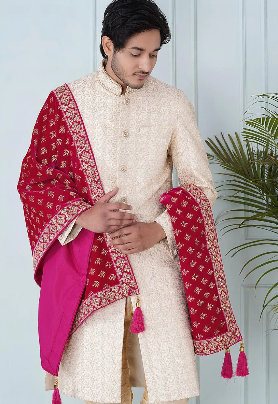 Foil Print Velvet Dupatta in Fuchsia