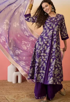Foil Printed Art Silk Abaya Style Suit in Purple