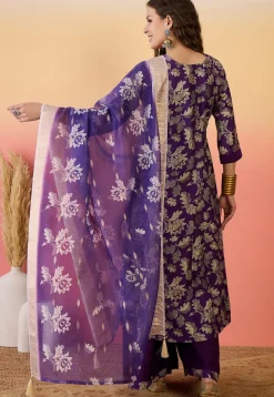 Foil Printed Art Silk Abaya Style Suit in Purple