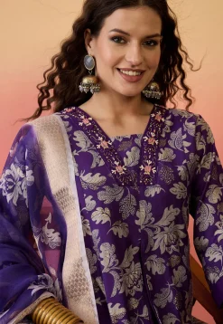 Foil Printed Art Silk Abaya Style Suit in Purple