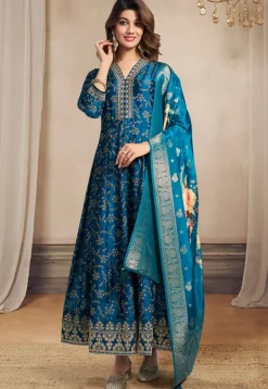 Foil Printed Art Silk Anarkali Suit in Teal Blue