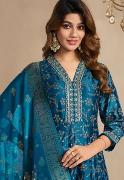 Foil Printed Art Silk Anarkali Suit in Teal Blue