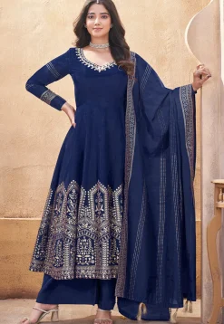 Foil Printed Art Silk Anarkali Suit in Navy Blue