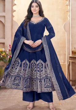 Foil Printed Art Silk Anarkali Suit in Navy Blue