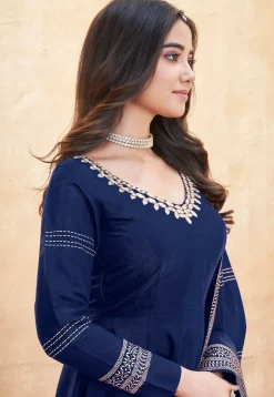 Foil Printed Art Silk Anarkali Suit in Navy Blue