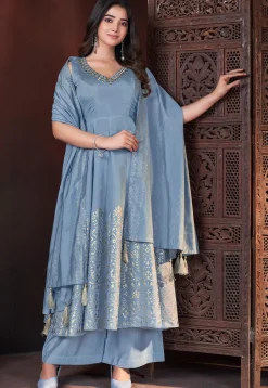 Foil Printed Art Silk Anarkali Suit in Blue