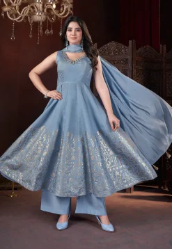 Foil Printed Art Silk Anarkali Suit in Blue
