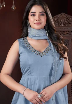 Foil Printed Art Silk Anarkali Suit in Blue