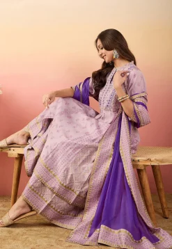 Foil Printed Art Silk Anarkali Suit in Light Purple