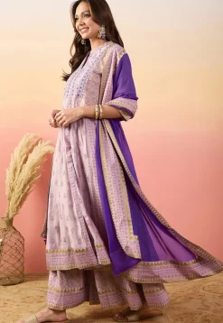 Foil Printed Art Silk Anarkali Suit in Light Purple