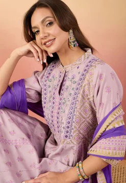 Foil Printed Art Silk Anarkali Suit in Light Purple