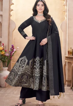 Foil Printed Art Silk Anarkali Suit in Black