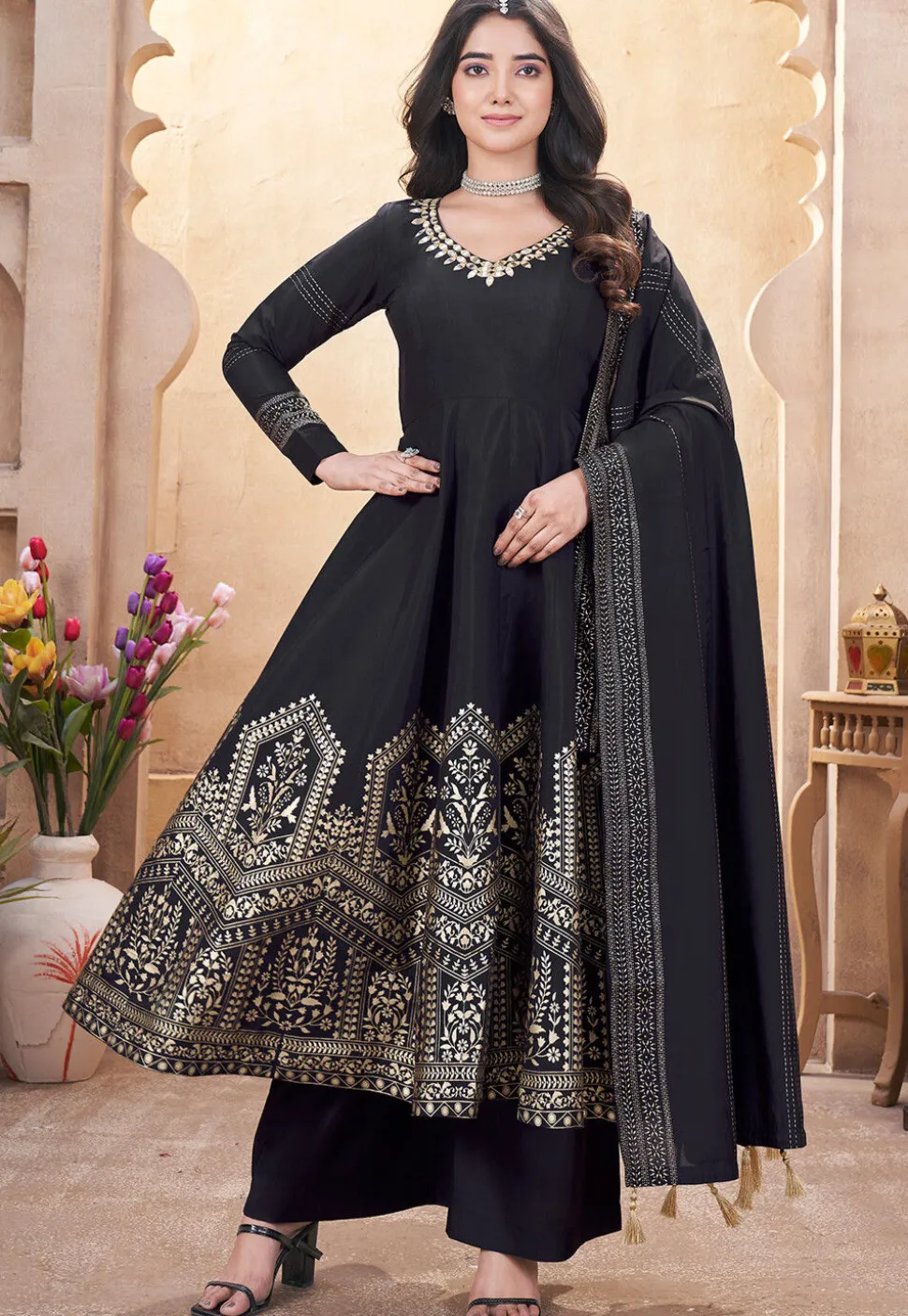 Foil Printed Art Silk Anarkali Suit in Black