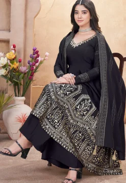 Foil Printed Art Silk Anarkali Suit in Black