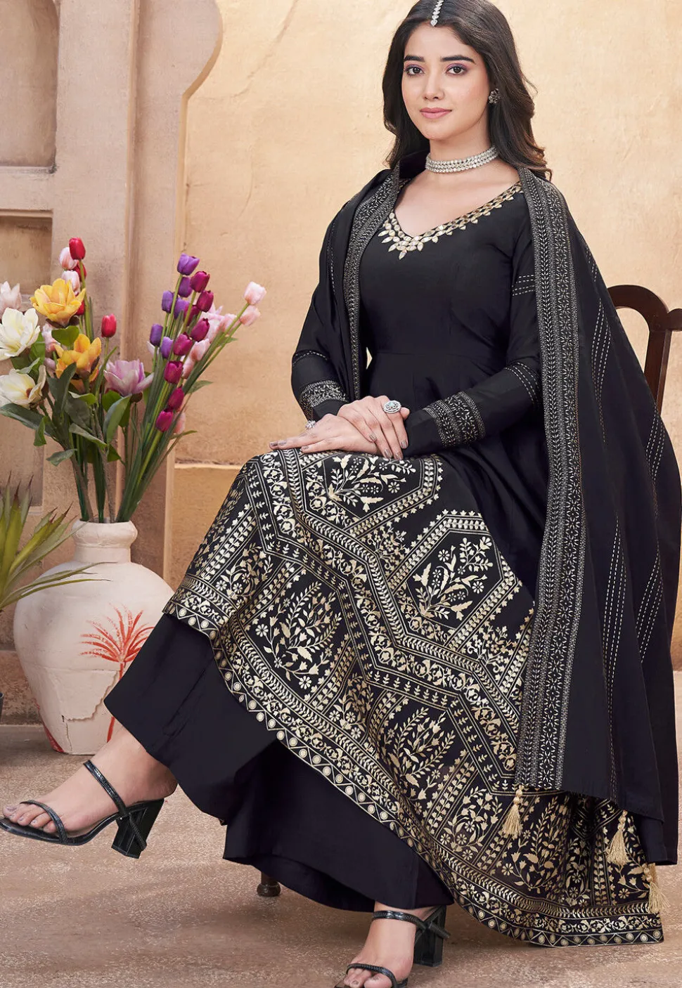 Foil Printed Art Silk Anarkali Suit in Black