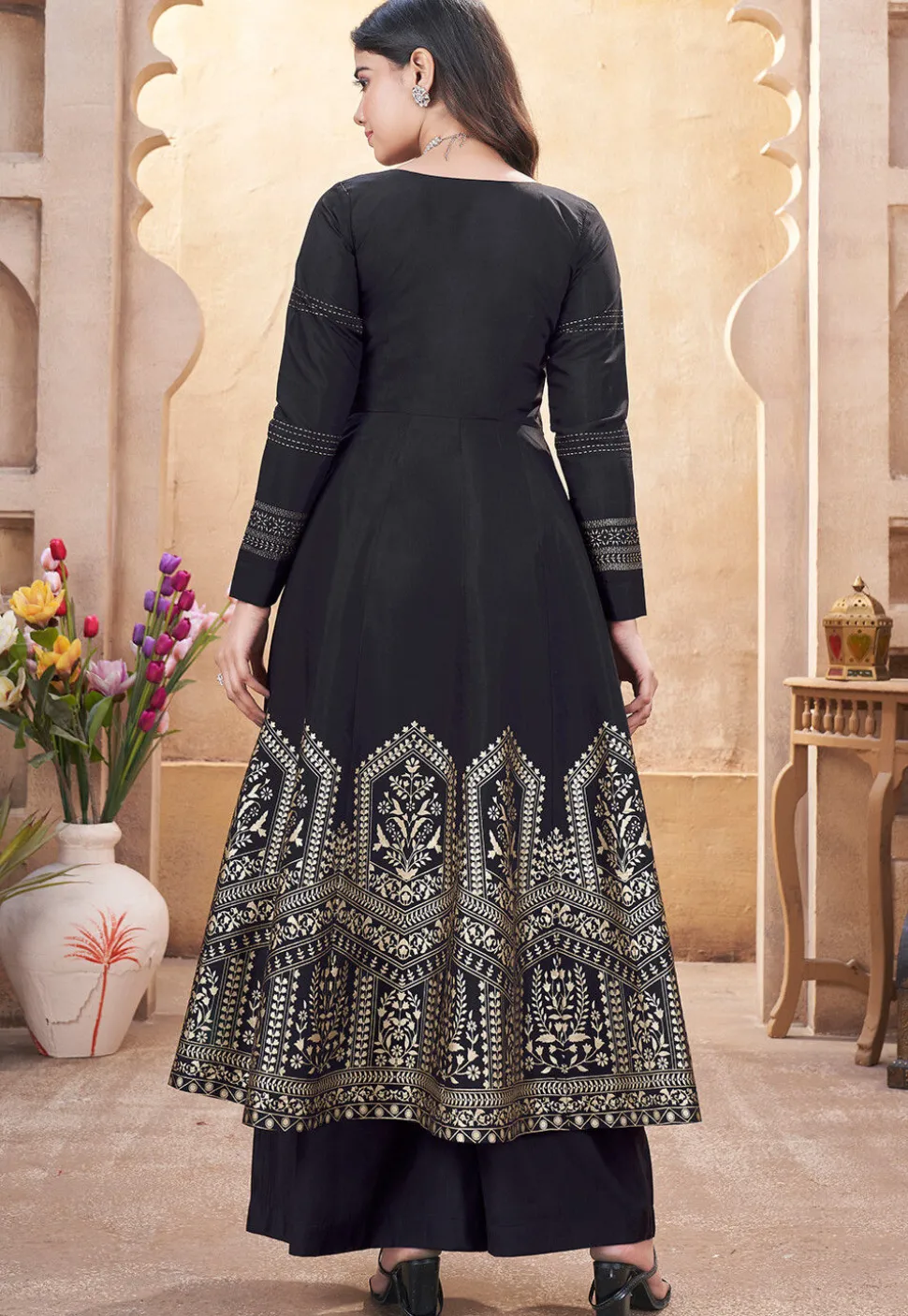 Foil Printed Art Silk Anarkali Suit in Black