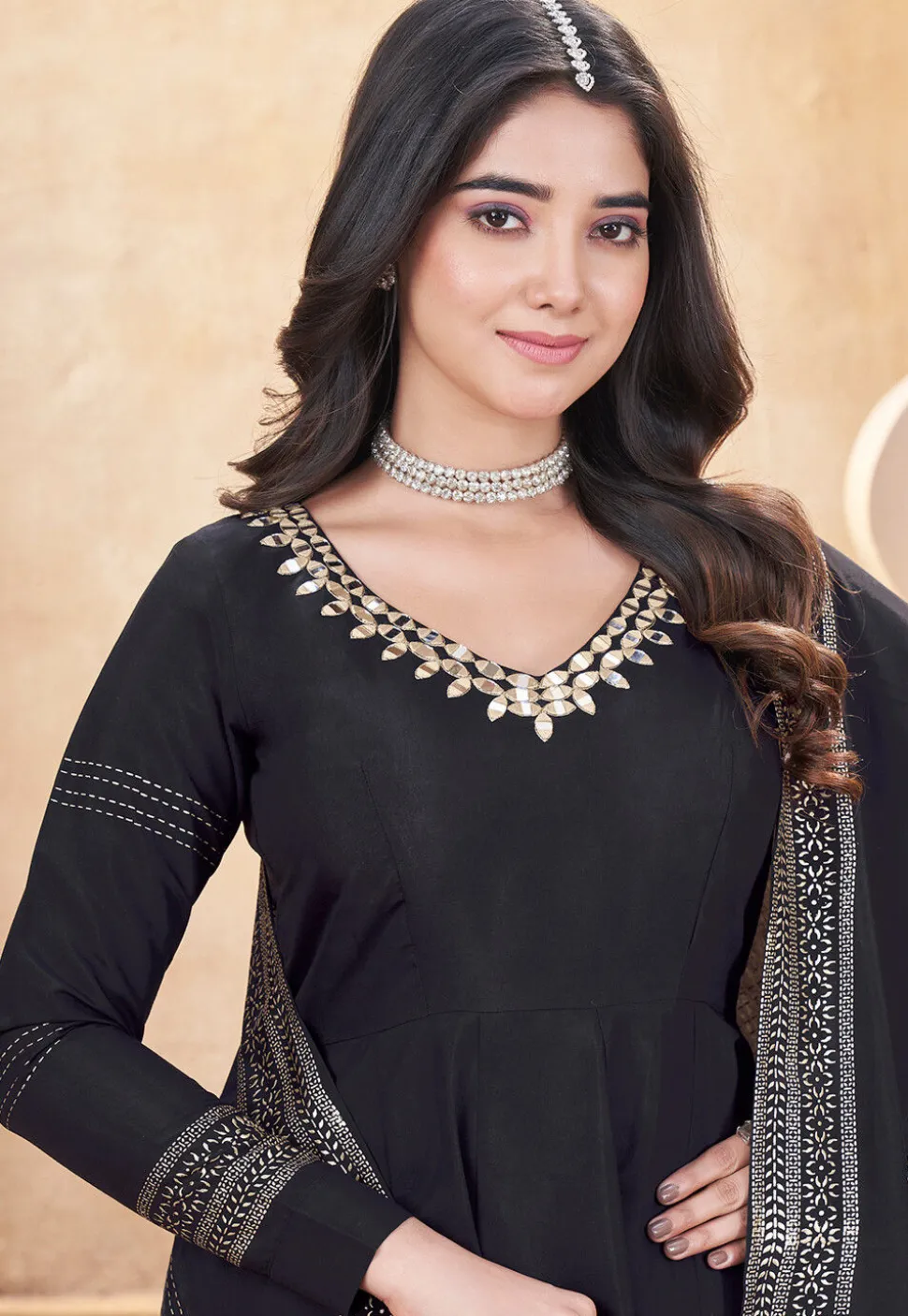 Foil Printed Art Silk Anarkali Suit in Black