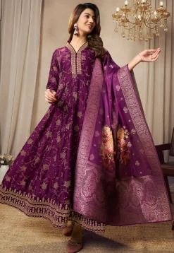 Foil Printed Art Silk Anarkali Suit in Purple