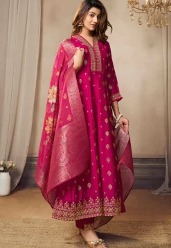 Foil Printed Art Silk Anarkali Suit in Pink