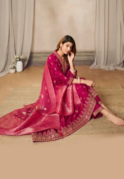 Foil Printed Art Silk Anarkali Suit in Pink