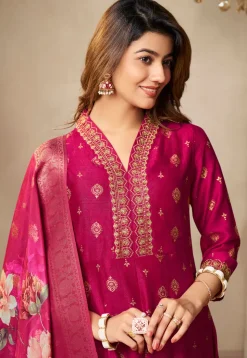Foil Printed Art Silk Anarkali Suit in Pink