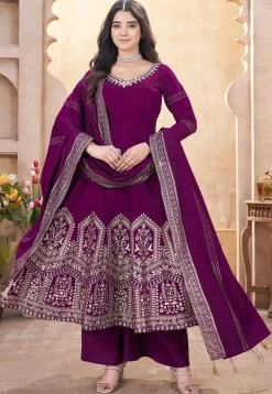 Foil Printed Art Silk Anarkali Suit in Purple