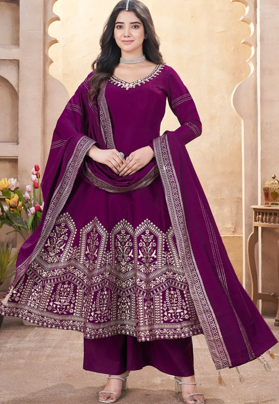 Foil Printed Art Silk Anarkali Suit in Purple