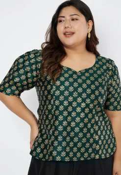 Foil Printed Art Silk Blouse in Dark Green