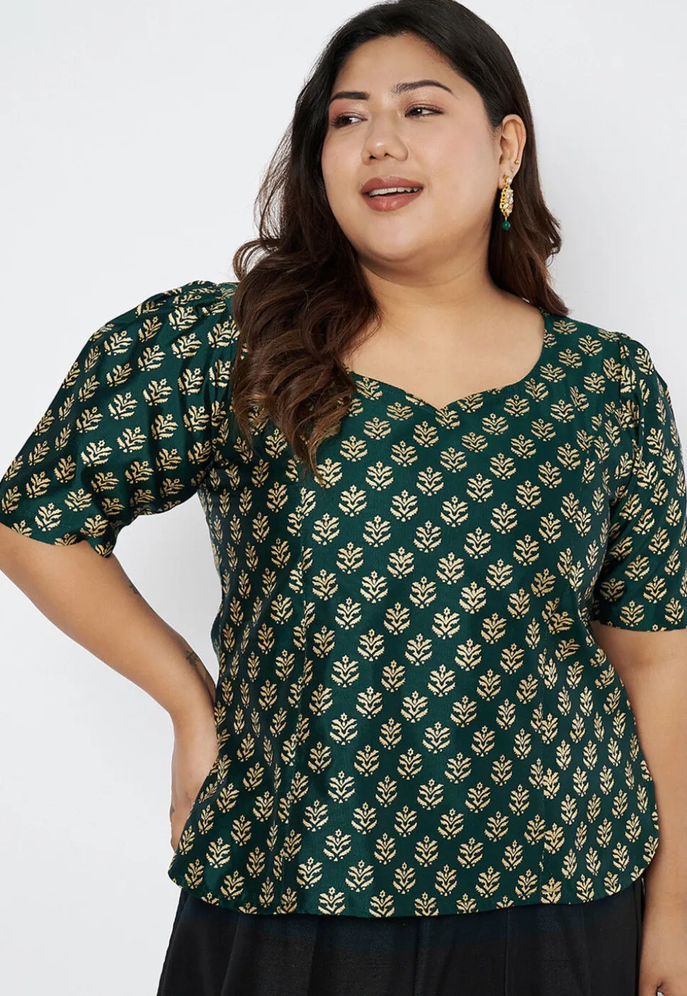 Foil Printed Art Silk Blouse in Dark Green