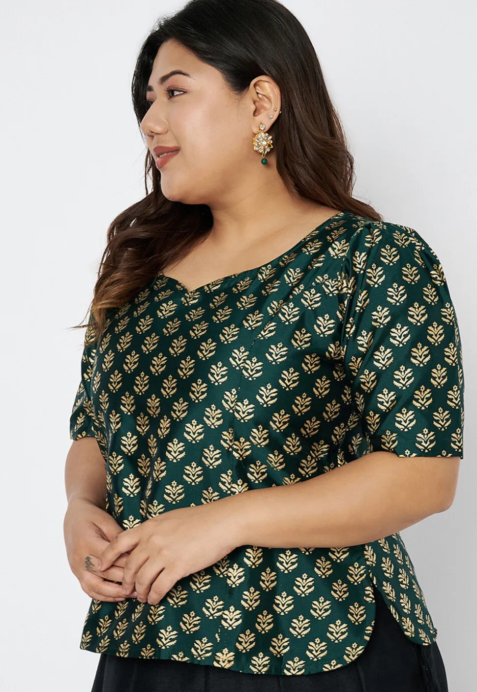 Foil Printed Art Silk Blouse in Dark Green