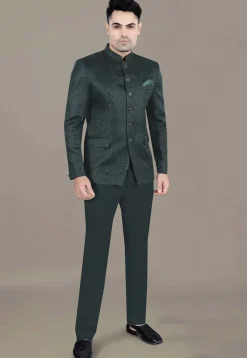 Foil Printed Art Silk Jacquard Jodhpuri Jacket in Dark Green