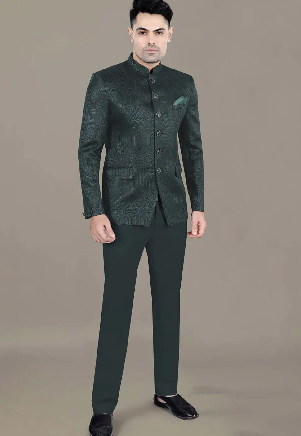 Foil Printed Art Silk Jacquard Jodhpuri Jacket in Dark Green