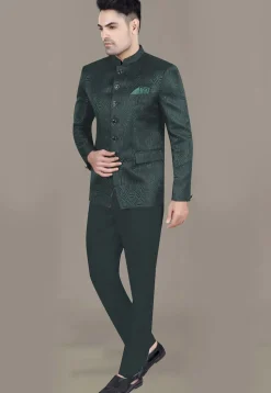 Foil Printed Art Silk Jacquard Jodhpuri Jacket in Dark Green