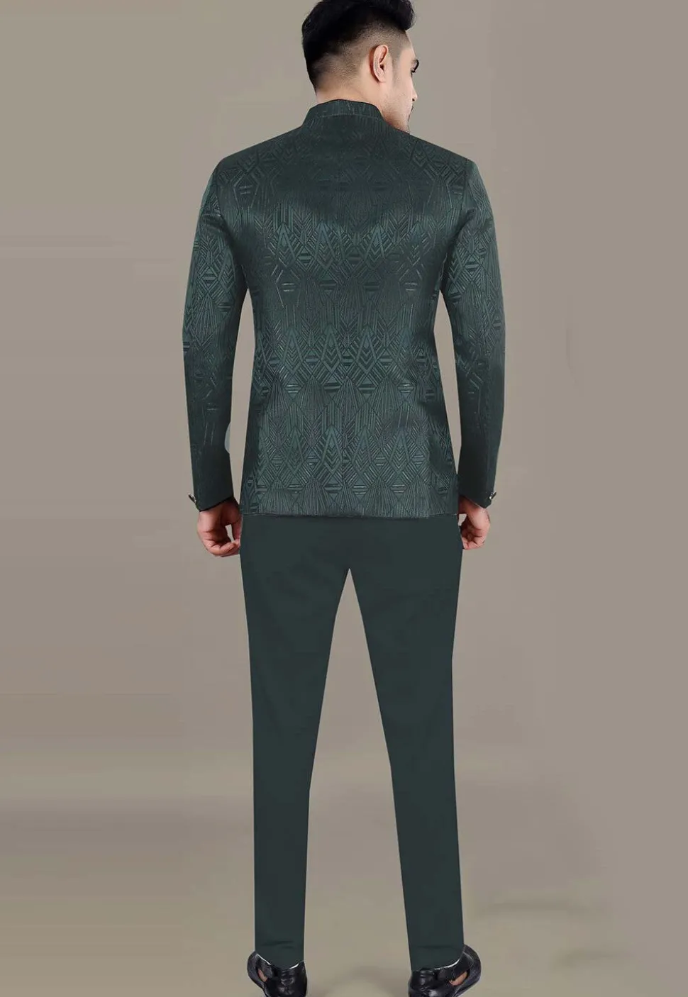 Foil Printed Art Silk Jacquard Jodhpuri Jacket in Dark Green
