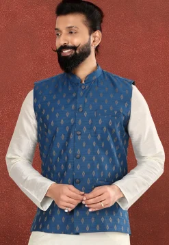 Foil Printed Art Silk Jacquard Nehru Jacket in Blue
