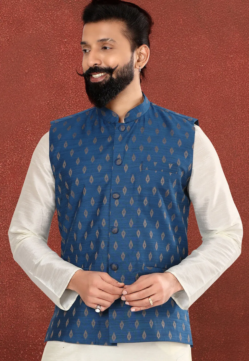Foil Printed Art Silk Jacquard Nehru Jacket in Blue