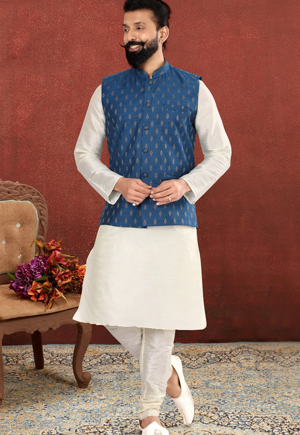 Foil Printed Art Silk Jacquard Nehru Jacket in Blue