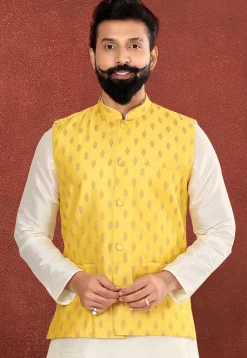 Foil Printed Art Silk Jacquard Nehru Jacket in Yellow