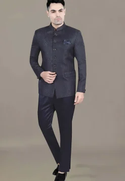Foil Printed Art Silk Jacquard Jodhpuri Jacket in Navy Blue