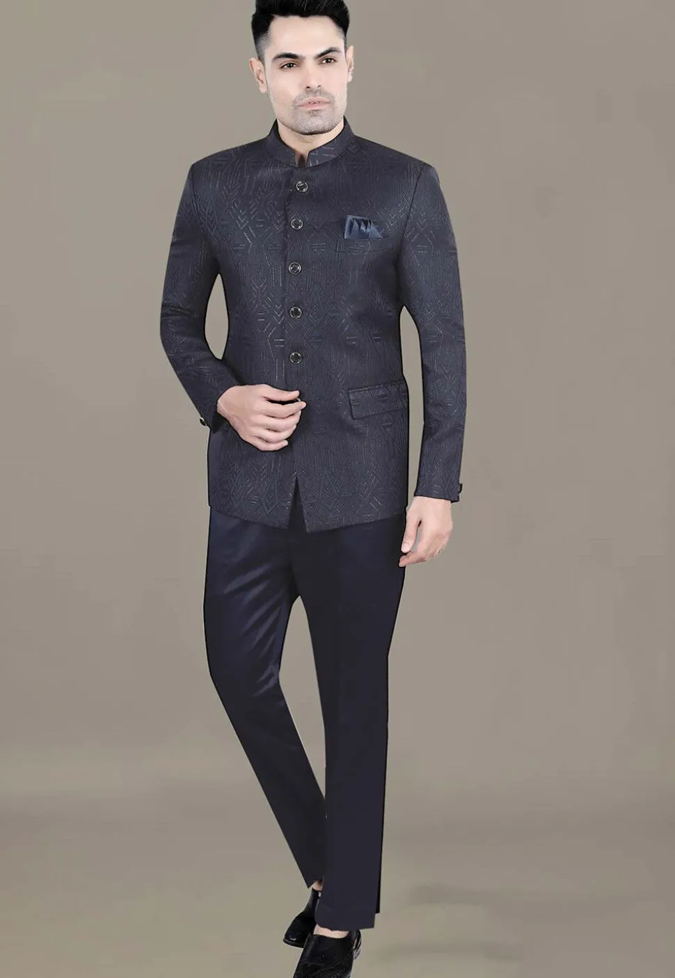 Foil Printed Art Silk Jacquard Jodhpuri Jacket in Navy Blue