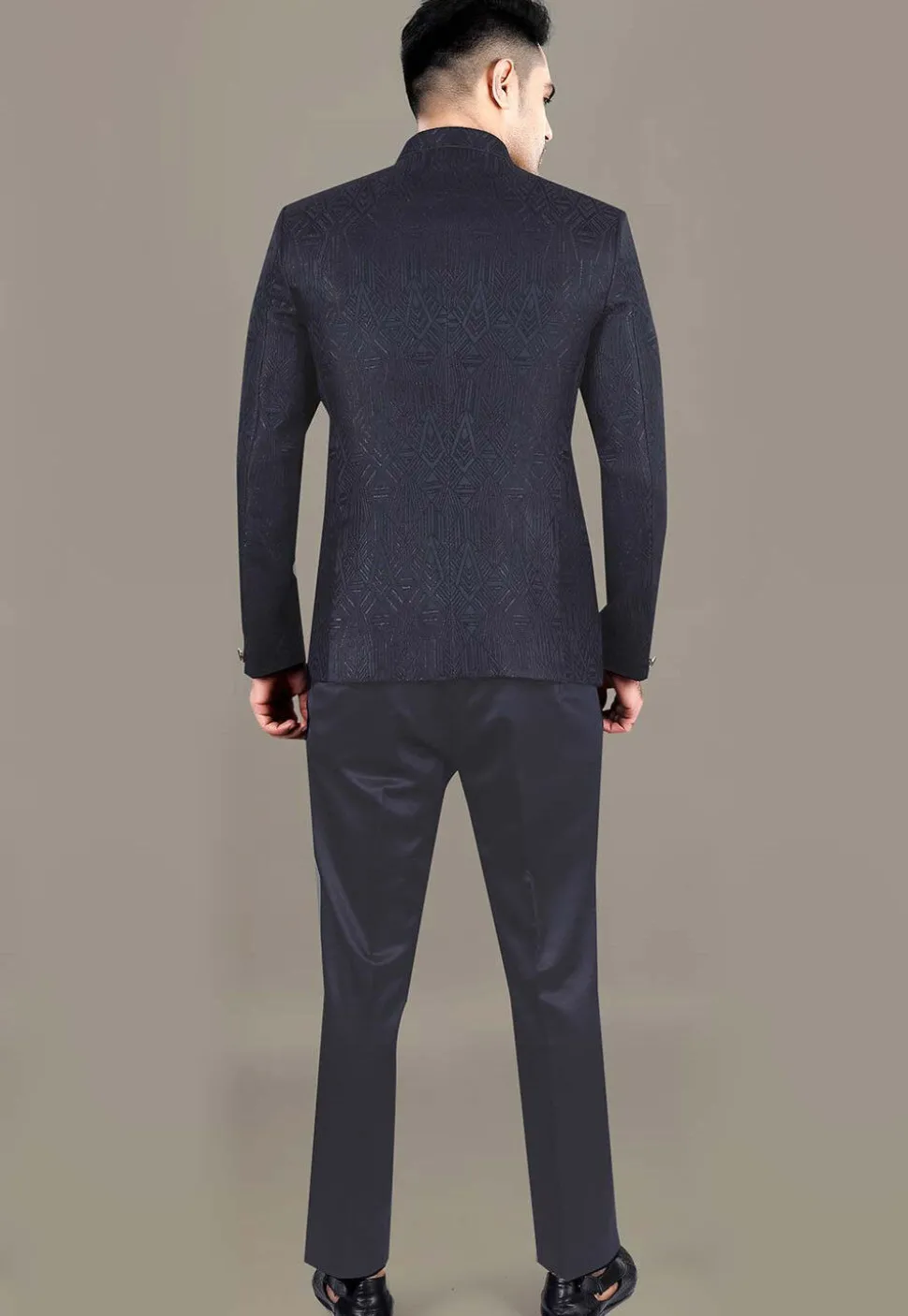 Foil Printed Art Silk Jacquard Jodhpuri Jacket in Navy Blue