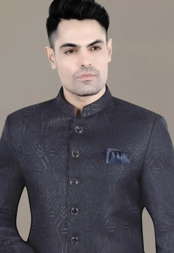 Foil Printed Art Silk Jacquard Jodhpuri Jacket in Navy Blue
