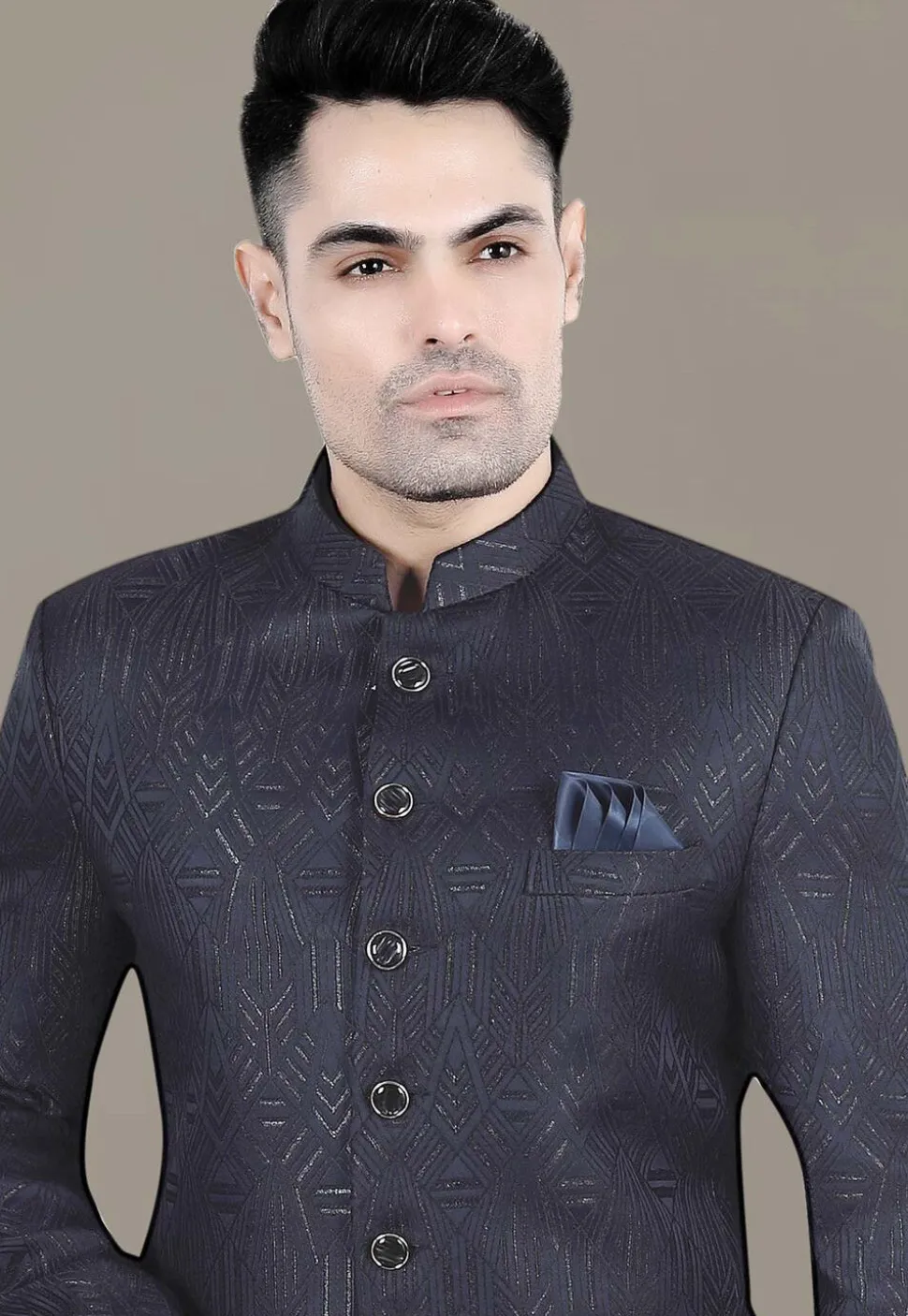 Foil Printed Art Silk Jacquard Jodhpuri Jacket in Navy Blue