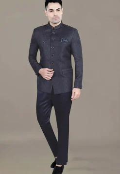 Foil Printed Art Silk Jacquard Jodhpuri Suit in Navy Blue